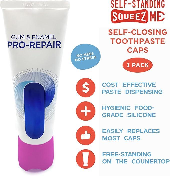 Chrome Cherry SqueezMe Self-Closing Toothpaste Caps, Silicone Lid for Kids & Adults, No Mess Toothpaste Dispenser, Self-Standing Easy Squeezer Cap, Bathroom Accessory, Self-Standing Pink, Pack of 1 - ModernBath