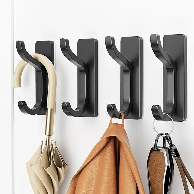 pickpiff Adhesive Wall Coat Hooks - Heavy Duty Stick-On Door Hanger, Metal Hook for Hanging Towel,Purse, Robe, Backpack, Jacket, Clothes - for Bathroom,Dorm, Closet, Kitchen - Black, 4 Pack - ModernBath