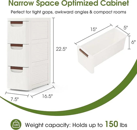 3 Drawers Narrow Storage Cabinet, Slim Bathroom Storage Cabinet, Plastic Rolling Cart Organizer for Small Spaces, Laundry, Office, Home, White - ModernBath
