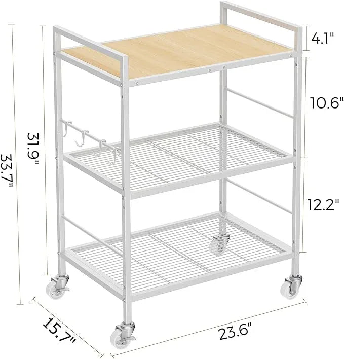 3-Tier Metal Storage Rack with Industrial Wheels,Mesh Shelving Unit with Wooden Table top,Adjustable Shelf,23.6-Inch Width,15.8-Inch Depth, for Kitchen, Laundry,Pantry,Plant,white - ModernBath