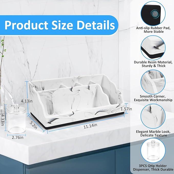 MSBRCH Bathroom Organizer Countertop, White Marble Toothbrush Holders for Bathrooms with 3PCS Qtip Holder Dispenser, Toothbrush and Toothpaste Holder for Bathroom Counter Organization Storage Vanity - ModernBath