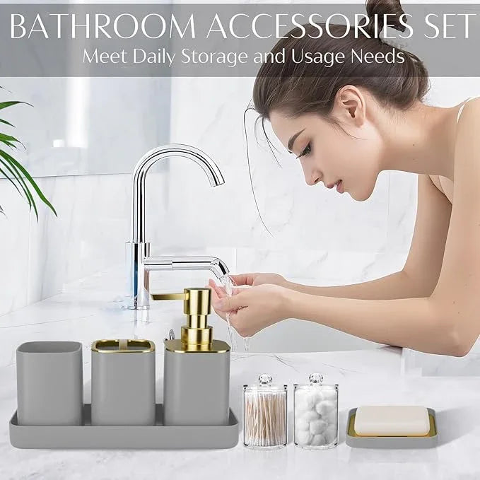9PCS Bathroom Accessory Set, Grey Bathroom Set with Large-Capacity 4 Gallon Trash Can, Bathroom Accessories Set Complete, Toothbrush Holder, Soap Dispenser, Toilet Brush, Bathroom Decor - ModernBath