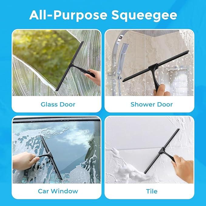 Quntis 12 Inch Squeegee for Shower Glass, Black Shower Squeegee with Adhesive Hooks Heavy Duty, Non-Slip Long Handle, Spare Blade, All-Purpose Squeegee Cleaning for Bathroom Doors Car Window - ModernBath