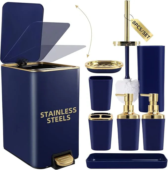 XLHOMO Navy Blue Bathroom Accessories Set 8 Piece Navy Blue and Gold Bathroom Set, Bathroom Sets with Stainless Steel Trash Can,Toilet Brush,Toothbrush Set,Soap Dispenser - ModernBath