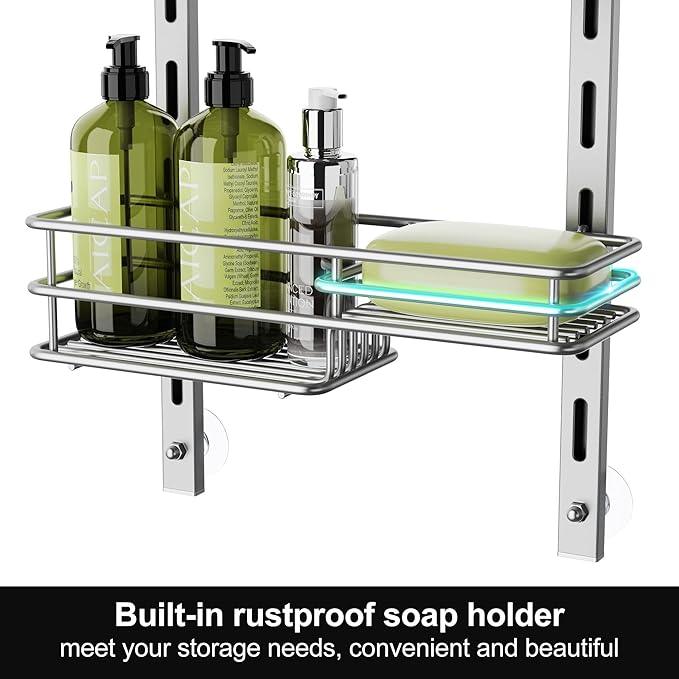 Orimade Over the Door Shower Caddy Adjustable 5 Tier Silver Grey,Bathroom Hanging Organizer Shelf Rustproof with 4 Hooks,Shower Basket with Soap Holder and Suction Cup - ModernBath