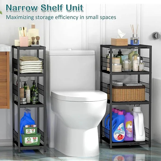 Expandable Slim Storage Shelf, 4 Tier Metal Shelving Unit for Bathroom Storage Organizer, Freestanding Narrow Shelf for Small Spaces, Open Floor Shelves for Bathroom, Laundry Room, Kitchen - ModernBath