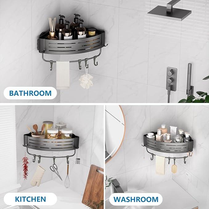 Onemake Corner Shower Caddy Suction Cup, Aluminum Wall Mounted Organizer Shelves Storage Rack with Towel Bar for Small Bathroom Grey - ModernBath