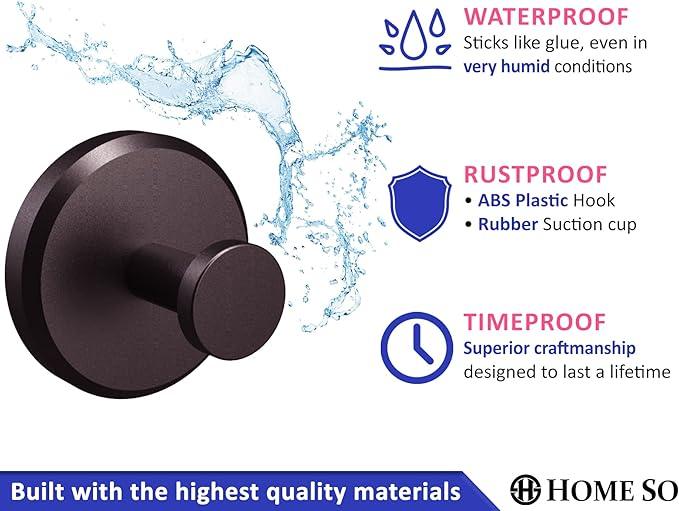 HOME SO Suction Cup Hooks for Shower, Bathroom, Kitchen, Glass Door, Mirror, Tile – Loofah, Towel, Coat, Bath Robe Hook Holder for Hanging up to 15 lbs – Waterproof & Rustproof, Dark Bronze (4-Pack) - ModernBath