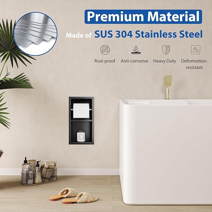Recessed Toilet Paper Holder, 304 Stainless Steel Bathroom Toilet Paper Holder with Storage, in Wall Tissue Toilet Roll Holder, Matte Black - ModernBath