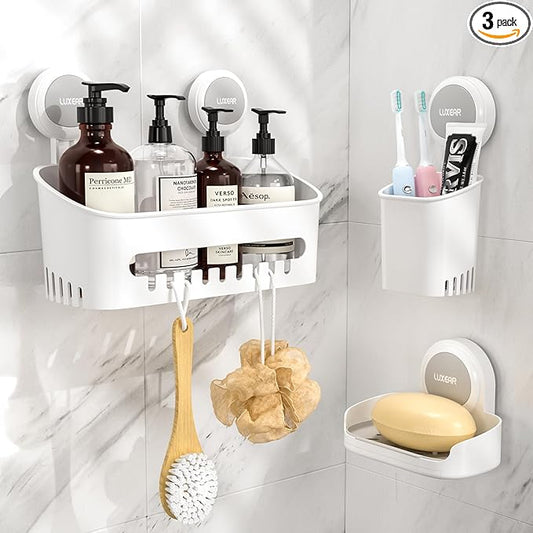 LUXEAR 3 Pack Shower Caddy Suction Cup Set - Shower Shelf, Soap Dish, Toothbrush Holder - White