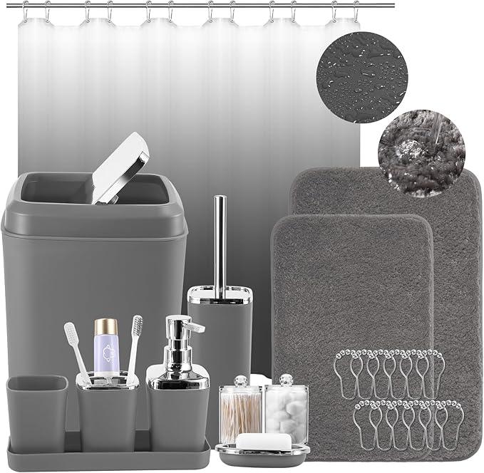 XLHOMO Grey Bathroom Accessories Set, Bathroom Sets with Shower Curtain and Rugs, Trash Can, Tray, Soap Dispenser, Soap Dish, Toothbrush Holder, Toothbrush Cup,Toilet Brush and Qtip Holders for Home - ModernBath