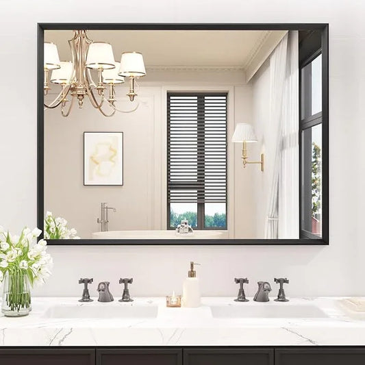 JISOSO Rectangle Bathroom Mirror 40x30 Inch, Matte Black Framed, 4MM Tempered Glass, Anti-Rust, Wall-Mount Vanity Mirror for Bathroom & Bedroom, Hangs Horizontally or Vertically - ModernBath