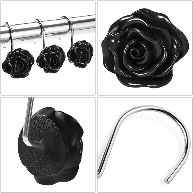 Litabel Rose Flower Shower Curtain Hooks 12PCS,Home Decorative Black Rose Shower Curtain Hooks Metal Rustproof Cute Rose Flower Shower Hooks Rings Bathroom Shower Rods Curtains - ModernBath