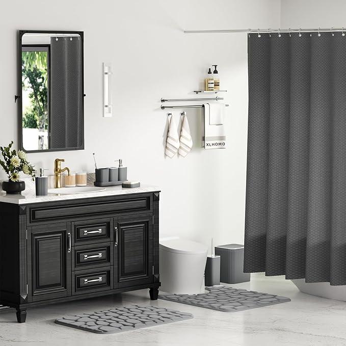 XLHOMO Bathroom Accessories Set- 25PC Grey Bathroom Set, Bathroom Set with Shower Curtain and Rugs, Shower Curtain Set, Toilet Brush, Trash Can, Qtip Holder Dispenser & Soap Dispenser - ModernBath