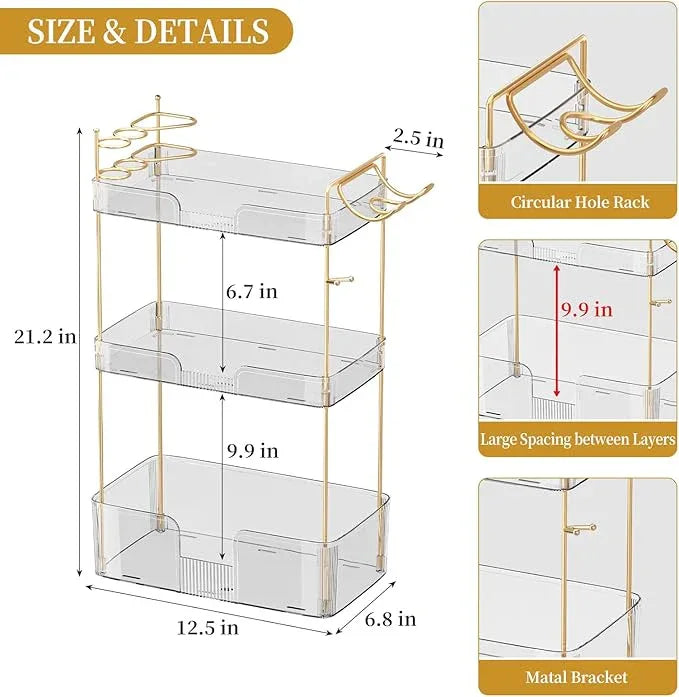 Bathroom Counter Organizer for Vanity, Makeup Organizer Countertop with Holder, Large Capacity Storage Rack, Perfect Large Skincare, Hair Care, Perfume, Easy to Install (Clear, 3Tiers) - ModernBath
