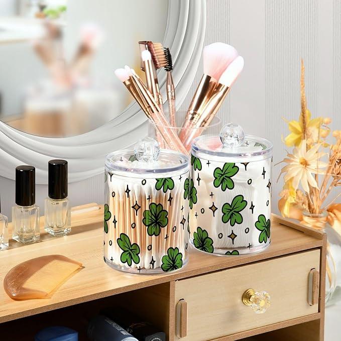 Qtip Holder Bathroom Set Q tip Cotton Ball Swab Pad Dispenser Container Organizer Plastic Jars with Lids Storage 2Pack Clover Leaves and Stars St Patricks - ModernBath