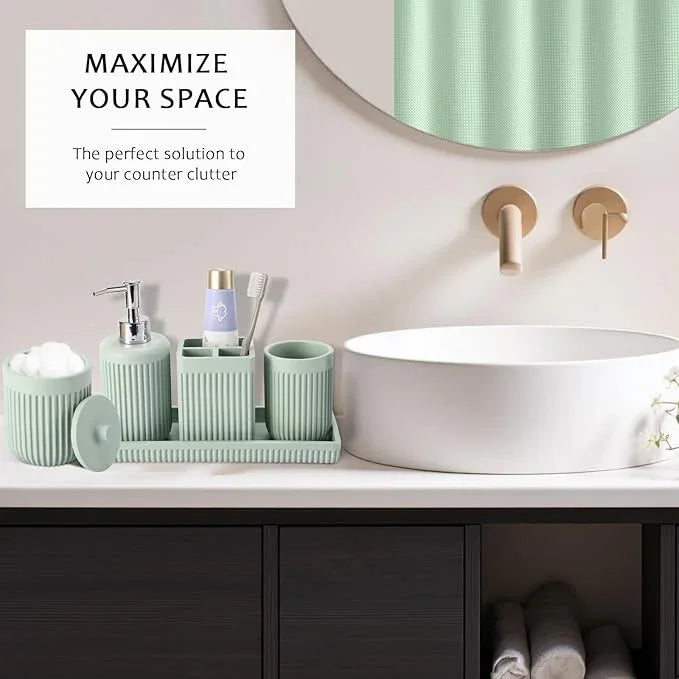 XLHOMO 8-Piece Light Green Bathroom Set - Resin Bathroom Accessories Sets Complete with Shower Curtain and Rugs, Soap Dispenser, Toothbrush Holder, Tumbler & Vanity Organizer - ModernBath