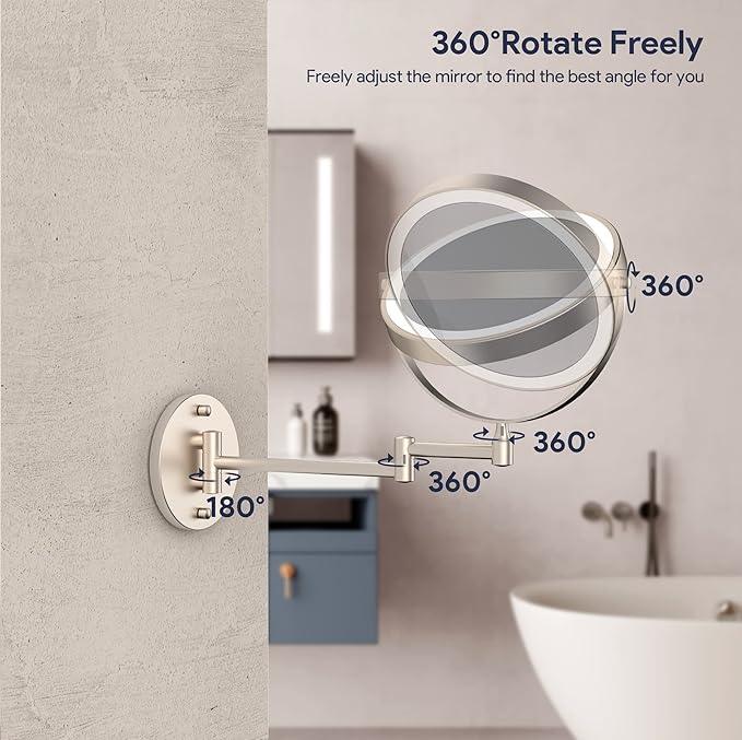Rocollos 9" Wall Mounted Lighted Makeup Mirror, Large Double Sided 1X/10X Magnifying Mirror, 3 Color LED Vanity Mirror, Touch Dimmable 360° Swivel Light Up for Bathroom - ModernBath
