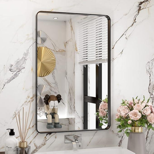 WEER Black Bathroom Mirror 20X30 Inch, Rectangular Matte Black Metal Framed Vanity Mirror, Farmhouse Bathroom Mirror with Tempered Glass, Rounded Corner, Anti-Rust (Horizontal/Vertical) - ModernBath