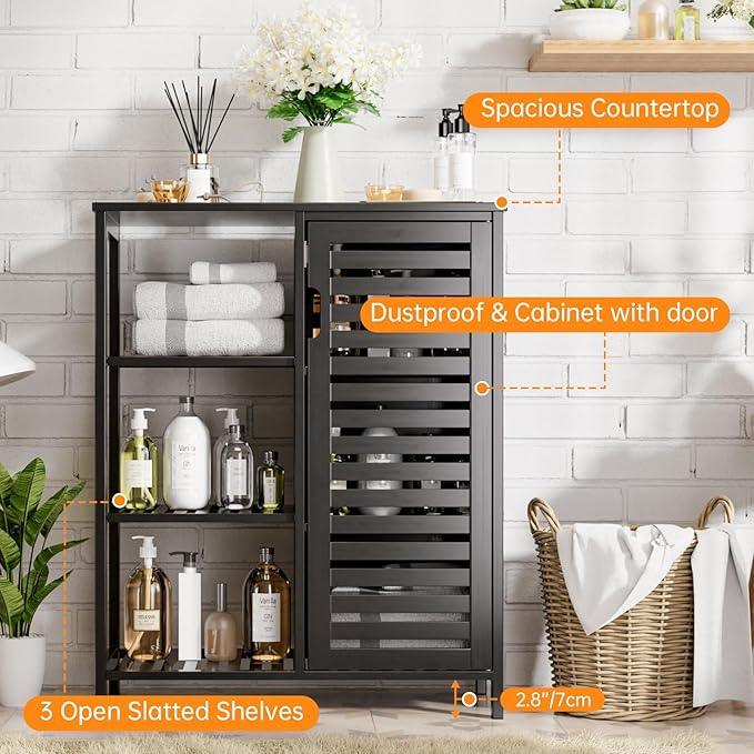 HITNET Black Bathroom Cabinet, Freestanding Storage Cabinet Bamboo Kitchen Floor Cupboard with Door and Shelf, Space Saving Side Storage Organizer for Living Room Bedroom Home Office - ModernBath