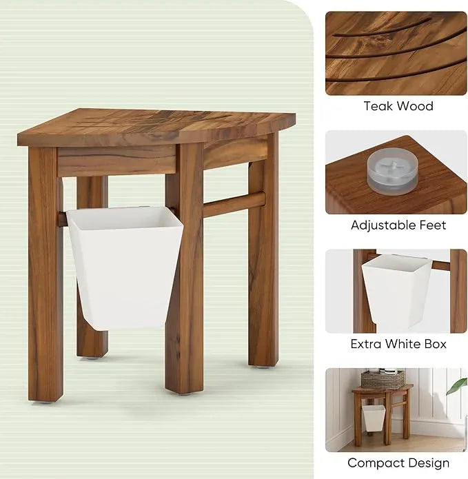 Smart Fendee Small Teak Shower Stool for Shaving Legs, Corner Shower Stools for Inside Shower, Bathroom Foot Rest with Storage Basket for Small Shower Spaces - ModernBath