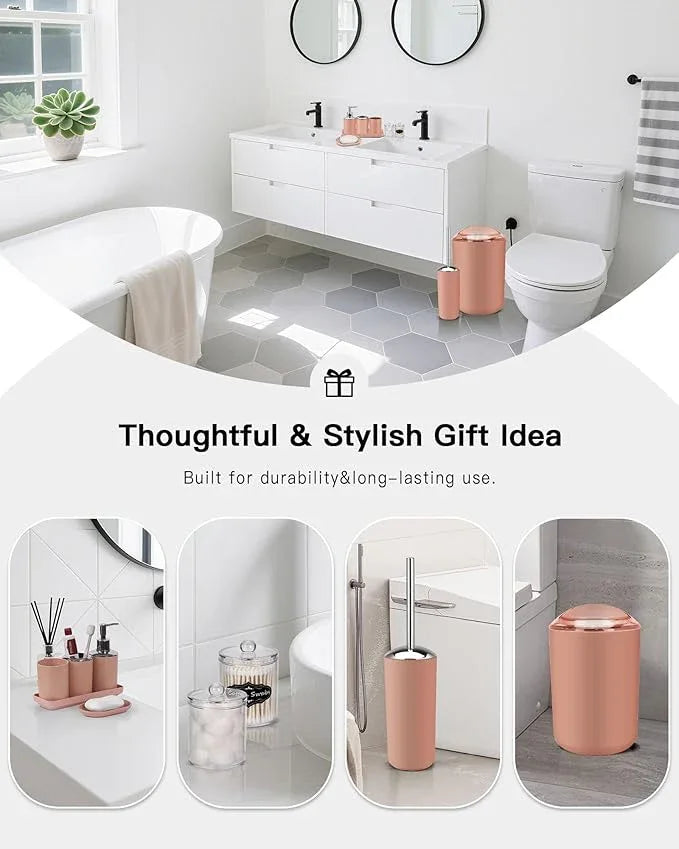 IMAVO Bathroom Accessories Set,Coral Pink Bathroom Set,9 Pieces Bathroom Accessory Set,Tray,Qtip Holders,Toilet Brush,Trash Can for Bathroom Décor and Home Gifts - ModernBath