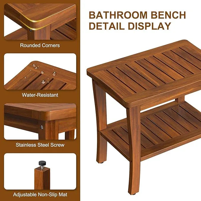 Large Teak Wood Shower Bench Stool with Storage Shelf Wooden Teak Bench for Shower Seat Chair for Inside Shower Waterproof Teakwood Shower Bench Bathroom Spa Bathing Shower Stool with Non-Slip Feet - ModernBath