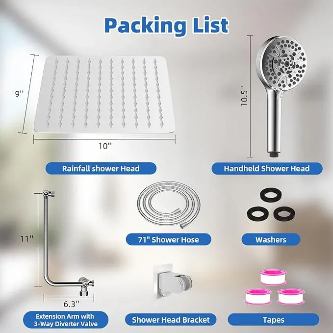 All Metal Shower Head, 10" High Pressure Rainfall/Handheld Shower Combo with 11" Extension Arm, 10-Spray Handheld Showerhead, 71" Long Hose, 3-Way Diverter Valve, Chrome - ModernBath
