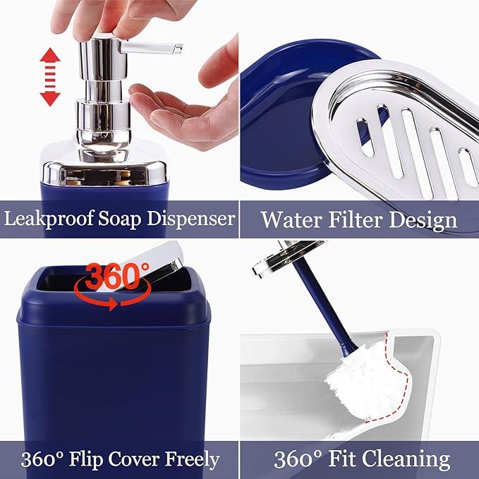 XLHOMO Blue Bathroom Accessories Set, Bathroom Sets with Shower Curtain, Navy Blue Bathroom Accessories with Trash Can, Soap Dispenser, Soap Dish, Toilet Brush Holder, Qtip Holders for Bathroom - ModernBath