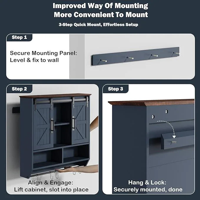 RUSTOWN Farmhouse Bathroom Wall Cabinet,3-Tier Rustic Wood Wall Mounted Cabinets,Vintage Medicine Cabinet with Sliding Barn Door and Adjustable Shelves,Over The Toilet Storage Cabinet (Navy Blue) - ModernBath