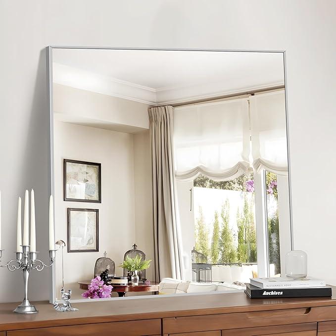 COFENY Silver Bathroom Mirror for Wall, 30x30 Inch Rectangle Mirrors with Metal Frame, Modern Vanity Wall Mirror Decor for Bathroom Living Room, Entryway Hangs Horizontal or Vertical - ModernBath