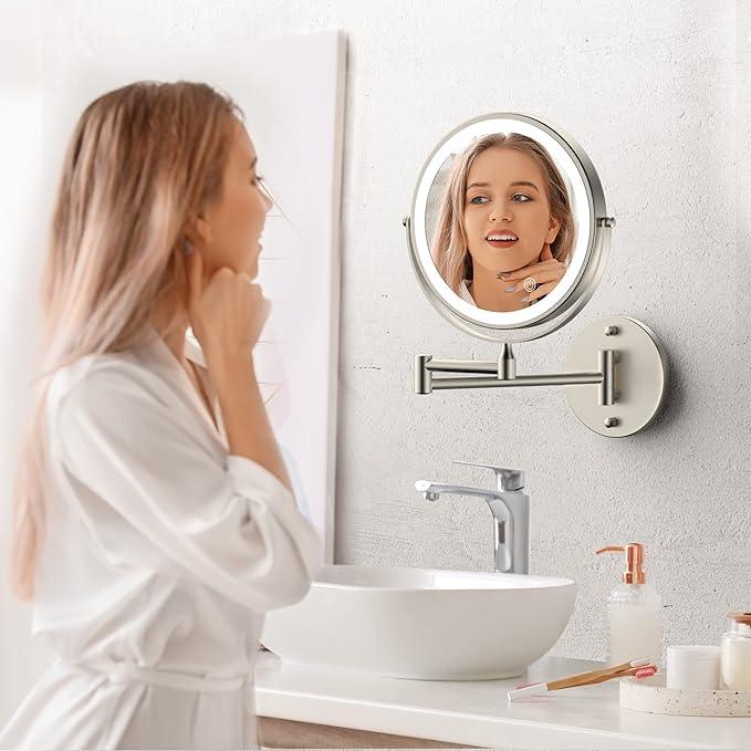 Rocollos Rechargeable Wall Mounted Lighted Makeup Mirror, 8 Inch Double-Sided LED Vanity Mirror 1X/10X Magnification,3 Color Lights Touch Screen Dimmable 360°Swivel 13 Inch Extendable - ModernBath