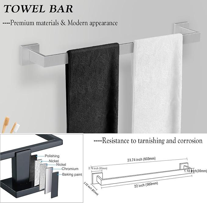 BOZWELL 5 Piece Brushed Nickel Stainless Steel Towel Bar Set, 23.6 inch Square Bathroom Hardware Accessories Set,Wall Mounted Towel Racks for Bathroom with TP - ModernBath