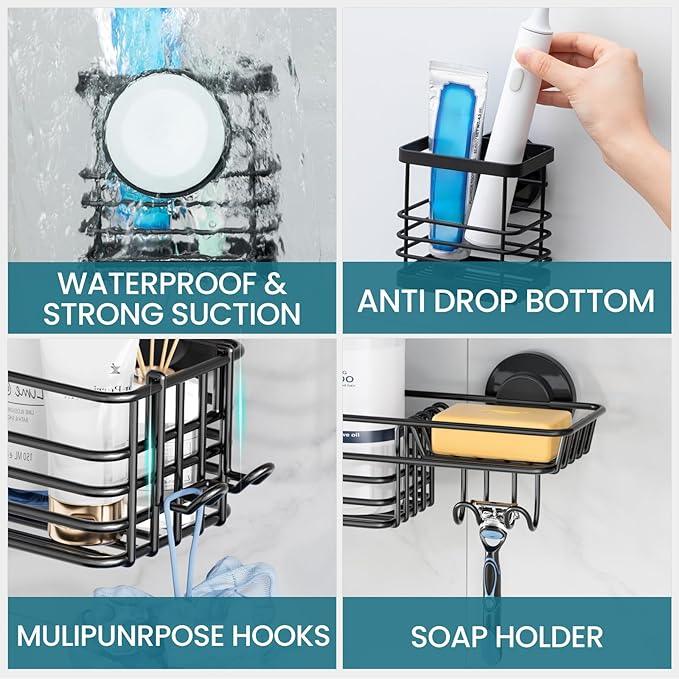 TAILI Shower Caddy Suction Cup, 3 Pack Shelves for Inside with Hooks & Soap holder Toothbrush Cups, Removable Bathroom Organizer, Rustproof Black Holder Storage-Black - ModernBath