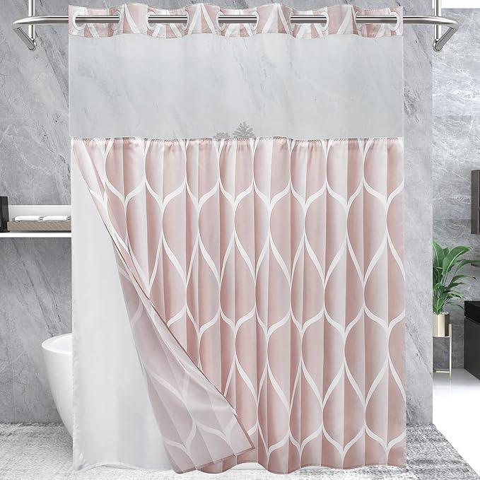 Yiatn No Hook Rosewater Pink Shower Curtain with Snap in Fabric Liner Set - Hotel Style with See Through Mesh Top Window, Modern Geometric Waterdrop Design,Waterproof and Washable, 71x74 INCH - ModernBath