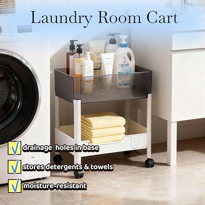 2 Tier Rolling Cart with Wheels for Under Desk Storage, Heavy Duty Plastic Short Small Utility Cart for Small Space Pantry Room Kitchen Laundry Bathroom, 4.7'' Deep Baskets for Tall Bottles - ModernBath