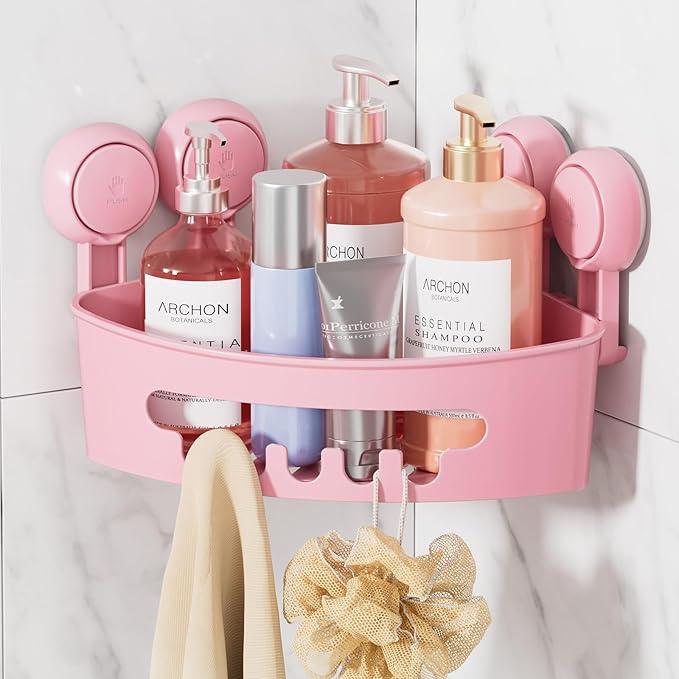 LEVERLOC Corner Shower Caddy Suction Cup, Powerful Suction Bathroom Shower Shelf, Waterproof and Rustproof Organizer for Bathroom Storage and Kitchen, No-Drilling Removable, Pink - ModernBath