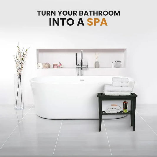 Black Shower Bench - Small Wooden Shower Stool with Storage Shelf, Non-Slip Bathroom Seat, Spa Decor Bath Bench, Foot Rest Shaving Stool for Shower, Indoor Outdoor Use, Great Gift Idea (17" x 9 x 17) - ModernBath