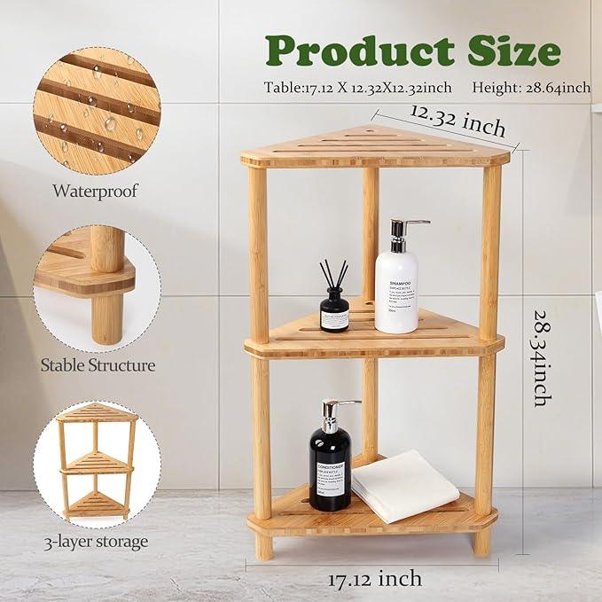 Bamboo Corner Shower Caddy Stand 3-Tier Waterproof,Free Standing Corner Shelf Shower Stool Organizer for Inside Shower,Space-Saving Storage Shelf with Anti-Slip Feet - ModernBath
