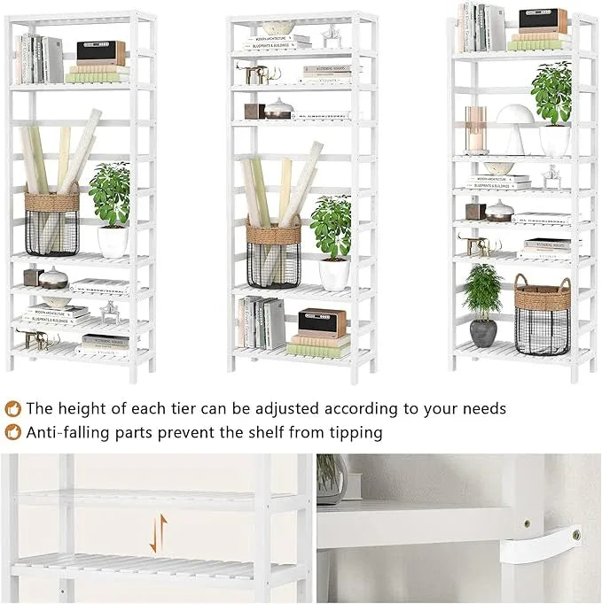 Homykic 6-Tier Bamboo Bookshelves and Bookcases, Adjustable 63.4”Tall Shallow Book Shelf Organizer Rack, Freestanding Storage Shelving Unit for Living Room, Kitchen, Bathroom, Office, White - ModernBath