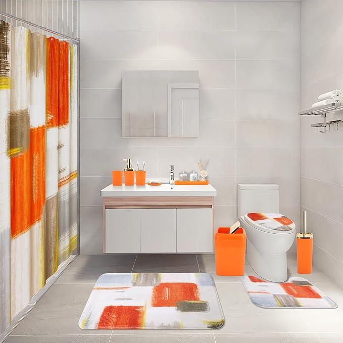 XLHOMO Bathroom Set - Orange Bathroom Accessories Set, Bathroom Sets with Shower Curtain and Rugs, Orange Shower Curtain Set with Bathroom Trash Can, Soap Dispenser, Soap Dish for Home Decor - ModernBath