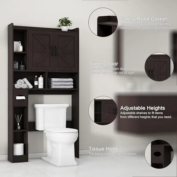 Over The Toilet Storage Cabinet, Farmhouse Storage Cabinet Over Toilet with 2 Barn Door & Toilet Paper Holder Stand, Home Space-Saving Toilet Rack, for Bathroom, Restroom (Black) - ModernBath