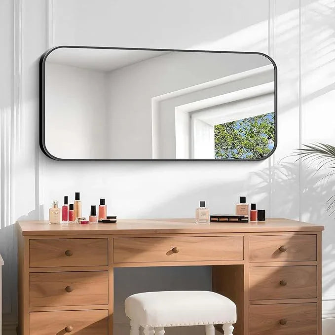 CIVENO Bathroom Mirror, 48 x 24 inch Black Rectangle Wall Mirror, Metal Framed Rectangular Vanity Mirror, Rounded Corner Wall Mounted Mirror for Modern Bedroom Living Room Horizontal/Vertical - ModernBath