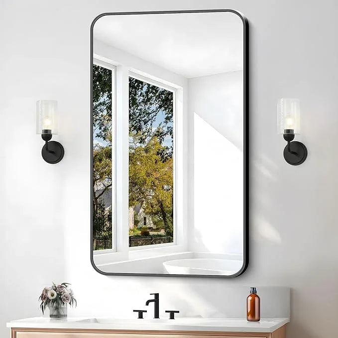 BONEWEI 24x40 inch Bathroom Mirror,Black Rectangle Mirror,Wall Mounted Bathroom Frame Vanity Mirror with Round Corner for Bedroom Living Room,Entryway Hangs Horizontal or Vertical - ModernBath