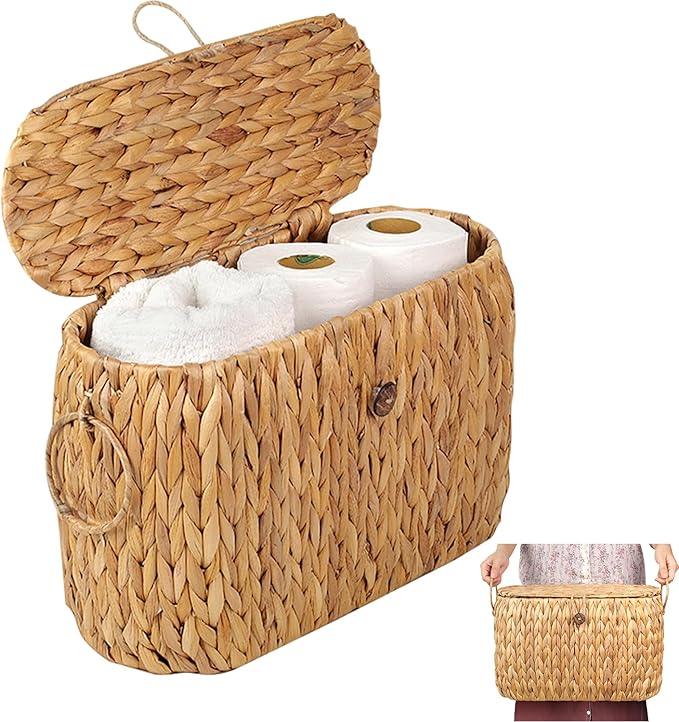 Toilet Paper Storage, Water Hyacinth Baskets with Lid, Toilet Paper Baskets for Storage Holder 6 Rolls, Papers Basket with Built-in Handles for Organizer, Bathroom Accessories Organizer - ModernBath