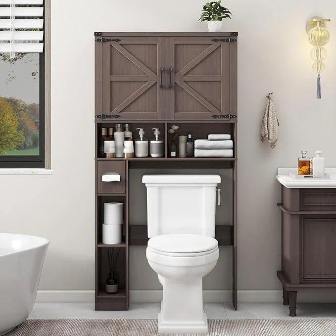 Vabches Over The Toilet Storage Cabinet, Farmhouse Storage Cabinet Over Toilet with 2 Barn Doors && Toilet Paper Holder Stand，Home Space-Saving Toilet Rack, for Laundry, Restroom, Bathroom.(Espresso) - ModernBath