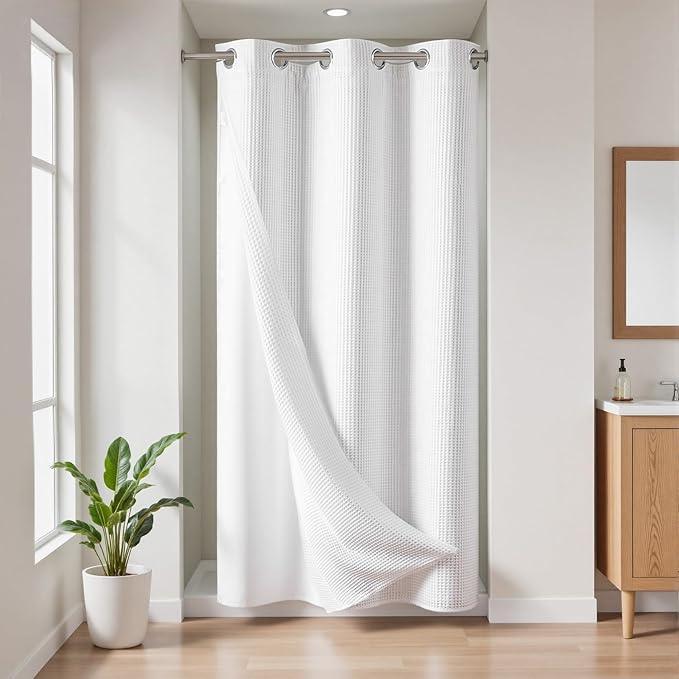 River Dream Stall Cotton Blend No Hooks Needed Shower Curtain with Snap in Liner, Water Repellent, Hotel Grade (White, 36"x74") - ModernBath