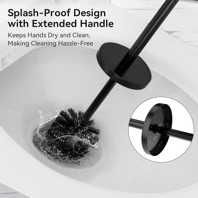 DOWRY Toilet Brush and Holder for Bathroom Storage Organization Deep Cleaning Covered Brush Cleaner Black Toilet Brush with 2 Brush Holders,Black Round - ModernBath