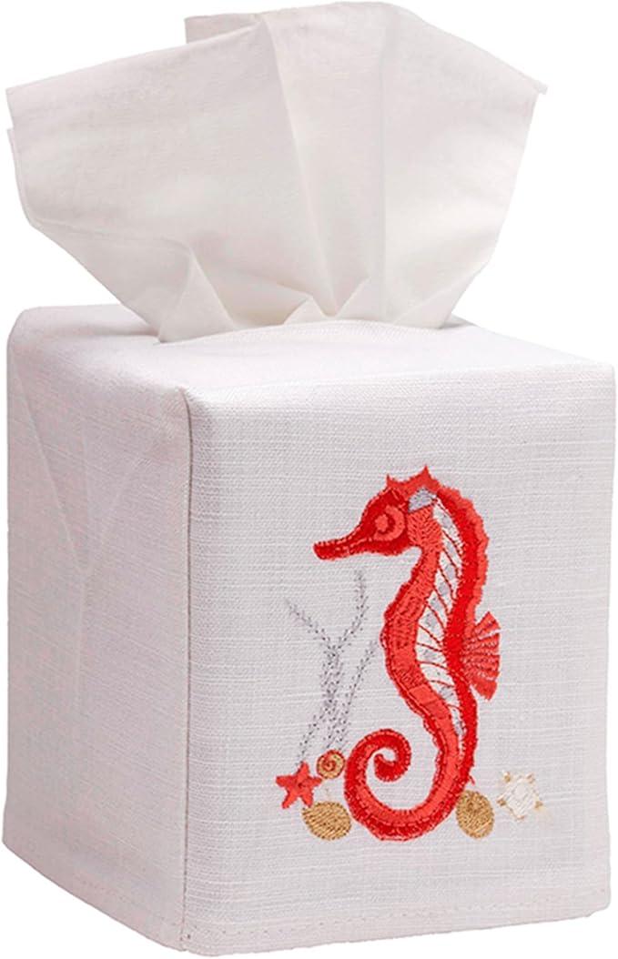 Jacaranda Living Square Tissue Box Cover, Linen/Cotton Fabric Tissue Holder, Decorative Cloth Tissue Cube Cover, Coastal Designs Seahorse & Shells, Coral - ModernBath