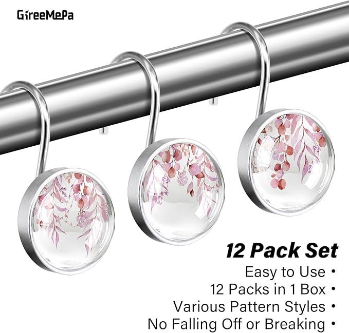 12 Pcs Pink Eucalyptus Shower Curtain Hooks - Decorative Shower Curtain Hooks Rings Set - Stainless Steel Round Resin Shower Rings Hangers for Modern Bathroom Home Bath Room Rods Decor - ModernBath